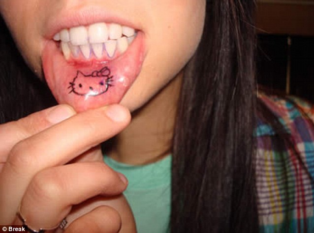 One dedicated Hello Kitty fan has opted to get the logo inked into her lower lip in a increasingly popular body art trend.