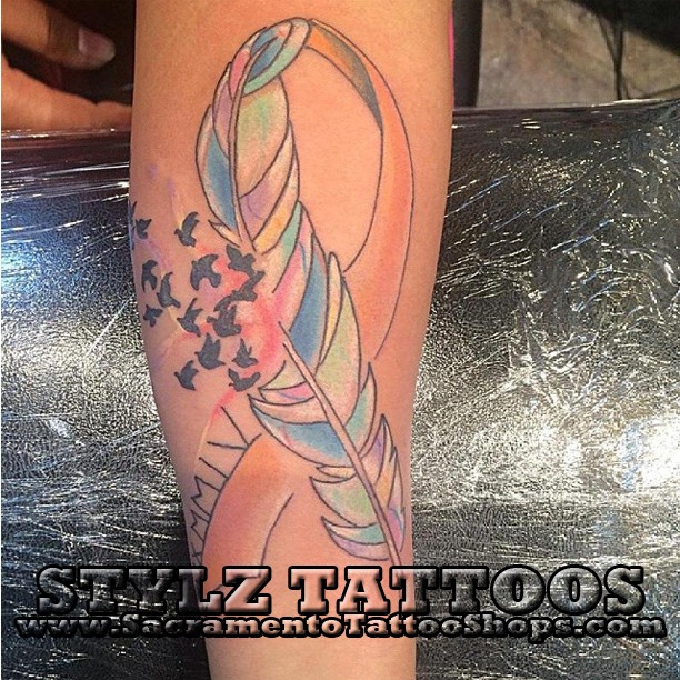 feather ribbon cancer tattoo